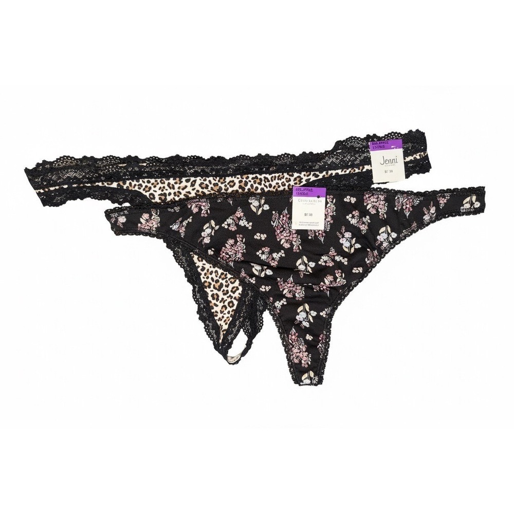 Jenni Intimate‎ Women's Thong Panty Set 2 Black Floral Leopard Print, Size XXL